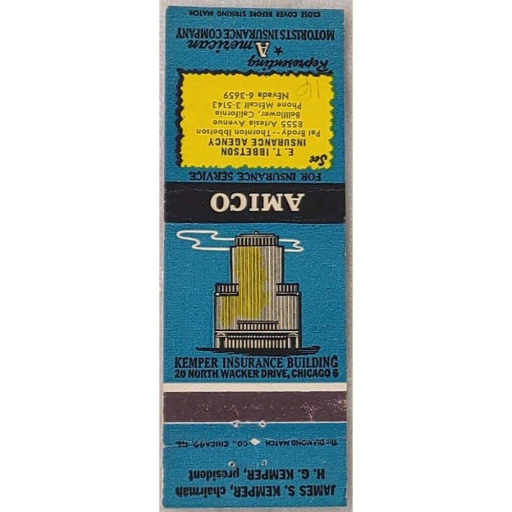 Vintage Matchbook Cover AMICO Kemper Insurance Building Chicago IL Illinois